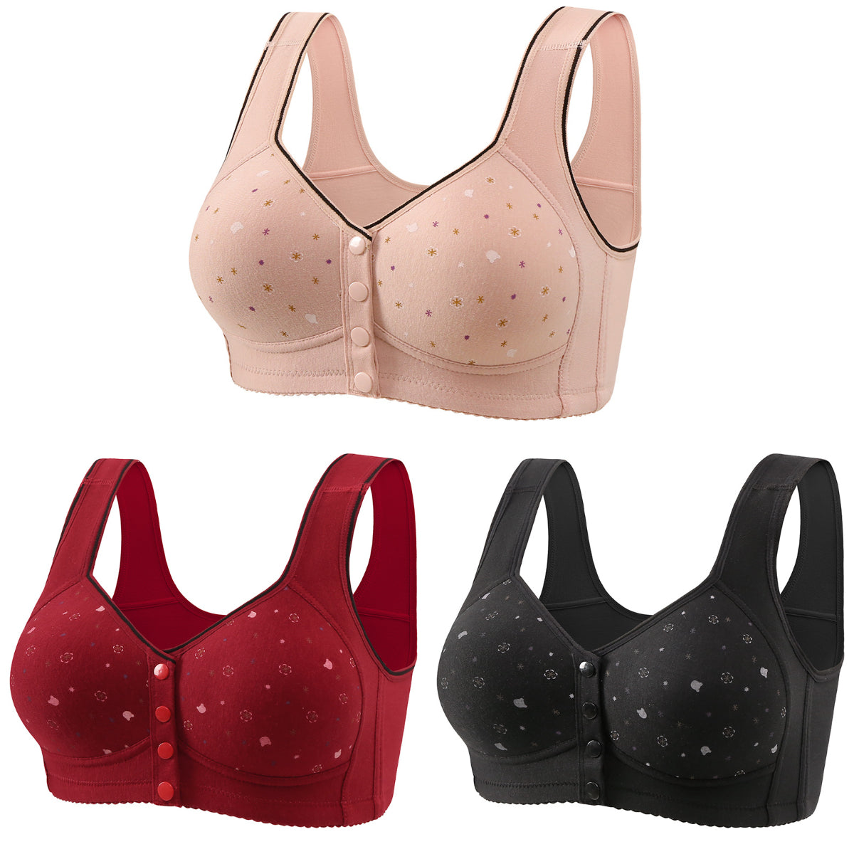 😍【Pachet de 3 bucăți】Sutien fără fir pentru femei cu nasturi în față 【40-120kg】❤️Bumbac natural antibacterian confortabil