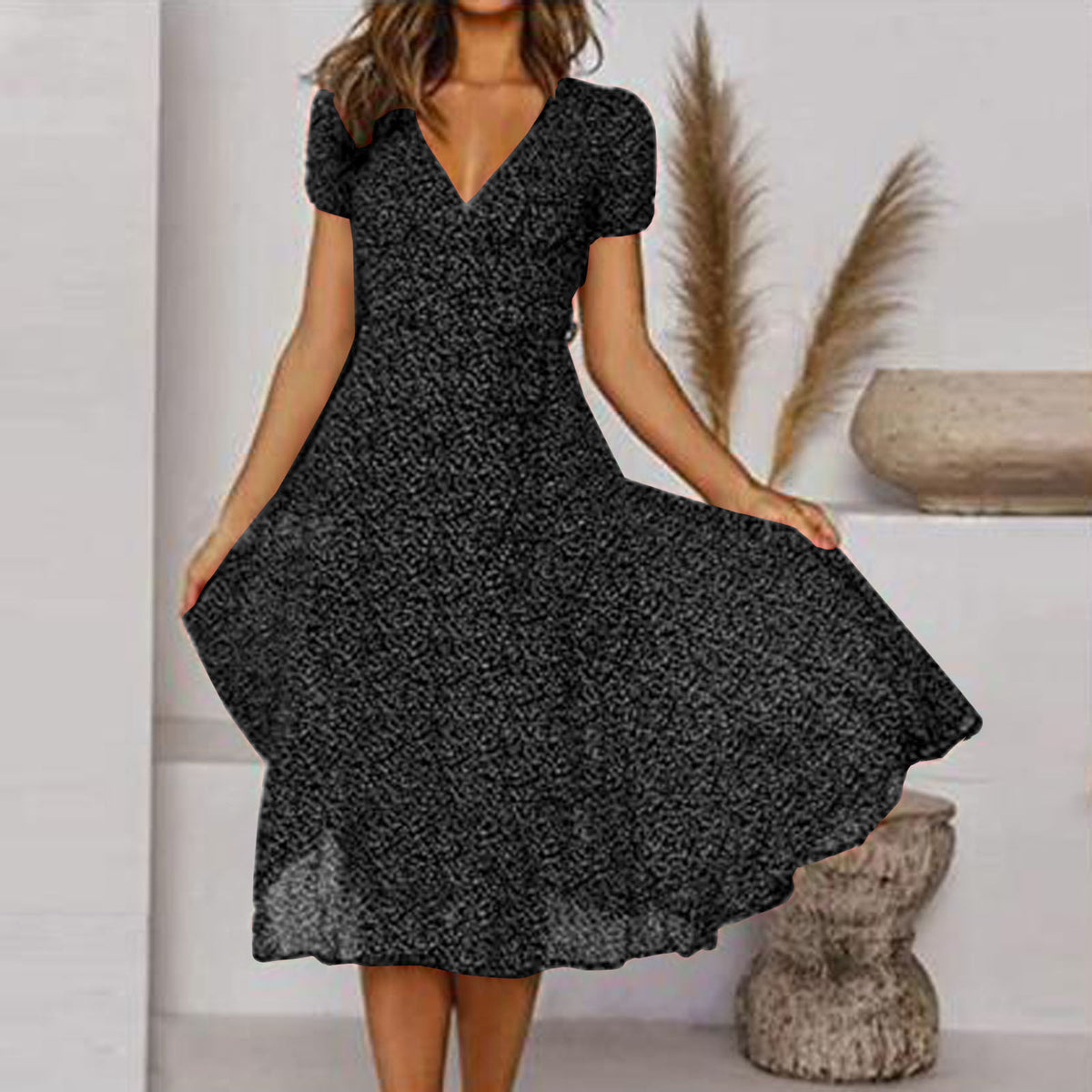 🌸Rochie florală cu mâneci scurte, cu decolteu în V, primăvară vară 2025