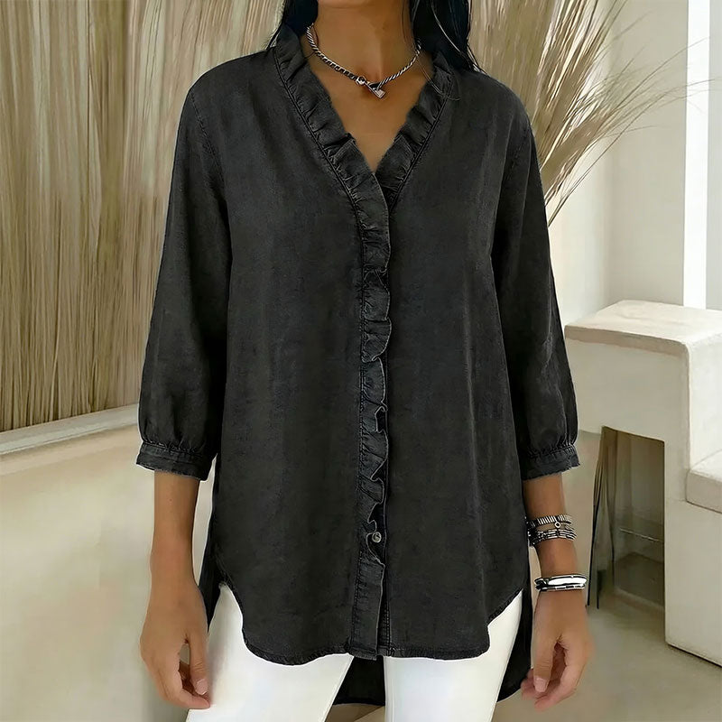 đ„Camisa vaquera informal para mujer (40-100 kg), cuello en V con volantes - Compra una y llĂ©vate la segunda a mitad de precio.