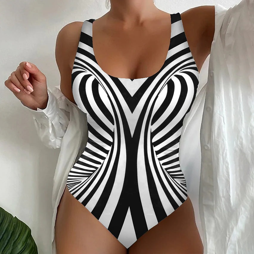 👙【S~6XL】Costum de baie, dintr-o singură piesă, cu model în dungi.