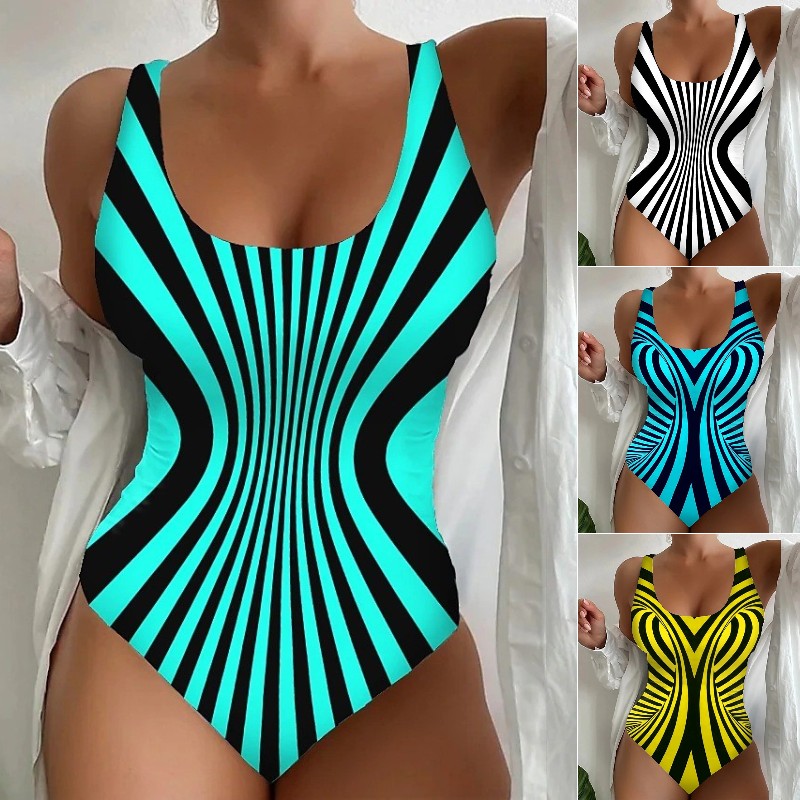 👙【S~6XL】Costum de baie, dintr-o singură piesă, cu model în dungi.