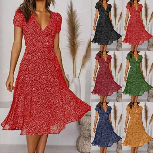 🌸Rochie florală cu mâneci scurte, cu decolteu în V, primăvară vară 2025