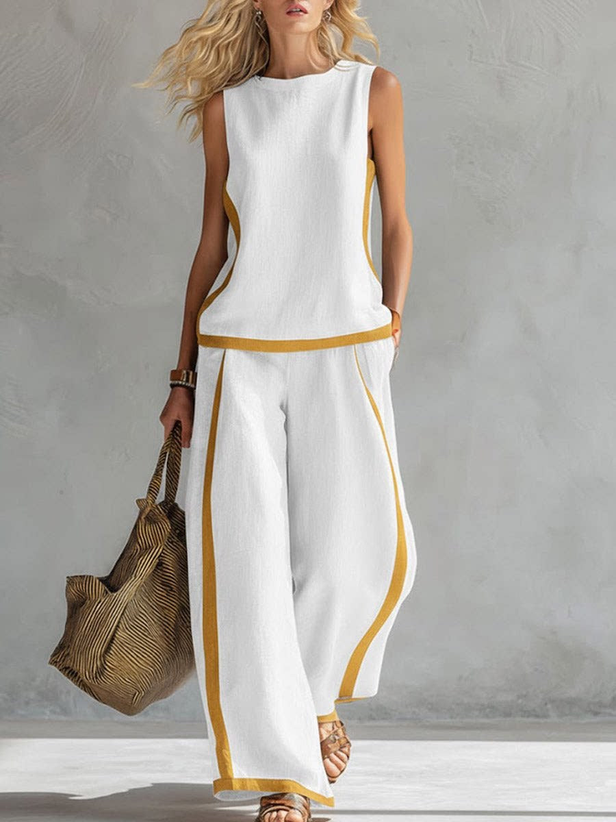 🔥 ¡Nueva llegada de verano! 😍 2026 Nuevo conjunto moderno de dos piezas para mujer: top sin mangas con detalles en contraste y pantalones de pierna ancha - Estilo veraniego, casual y chic.