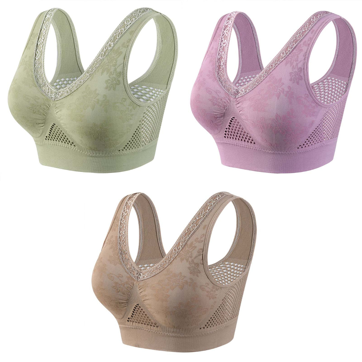 😍❤️40-120 kg【Pack de 3】✨ Sujetador de encaje sin aros con alto soporte para mujer