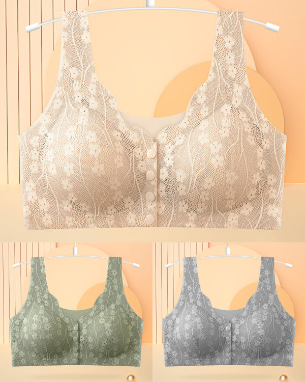😍【Pachet de 3 bucăți】【40–100KG】Sutien din dantelă pentru femei, fără sârmă, cu închidere frontală