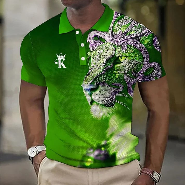 🔥Tricou polo bărbați cu imprimare 3d cu leu