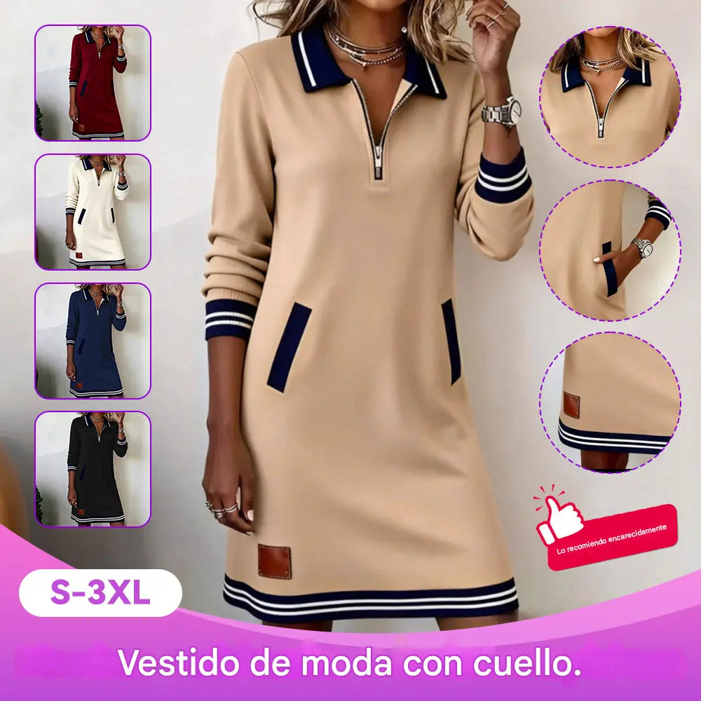 🔥🔥【S-3XL】【40-100kg】Nuevo vestido informal de otoño, cuello, manga larga y bolsillo en bloque de color
