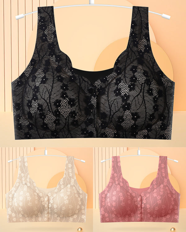 😍【Pachet de 3 bucăți】【40–100KG】Sutien din dantelă pentru femei, fără sârmă, cu închidere frontală