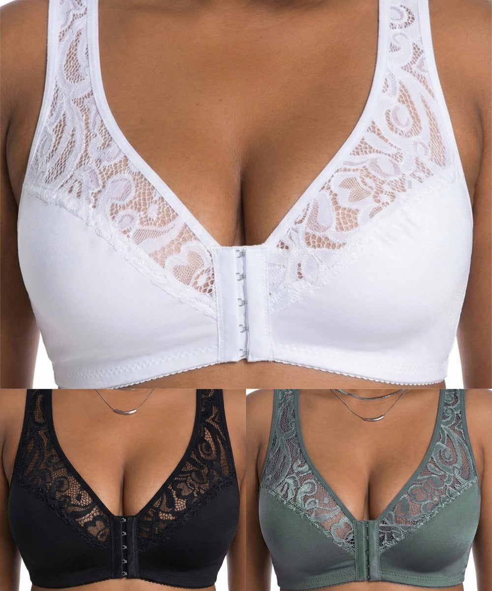 💖Precio más bajo de la historia【Conjunto de 3 piezas】【L-4XL】😍🩲Sujetador push-up de tallas grandes, hermoso encaje, diseño push-up y calado, cierre frontal