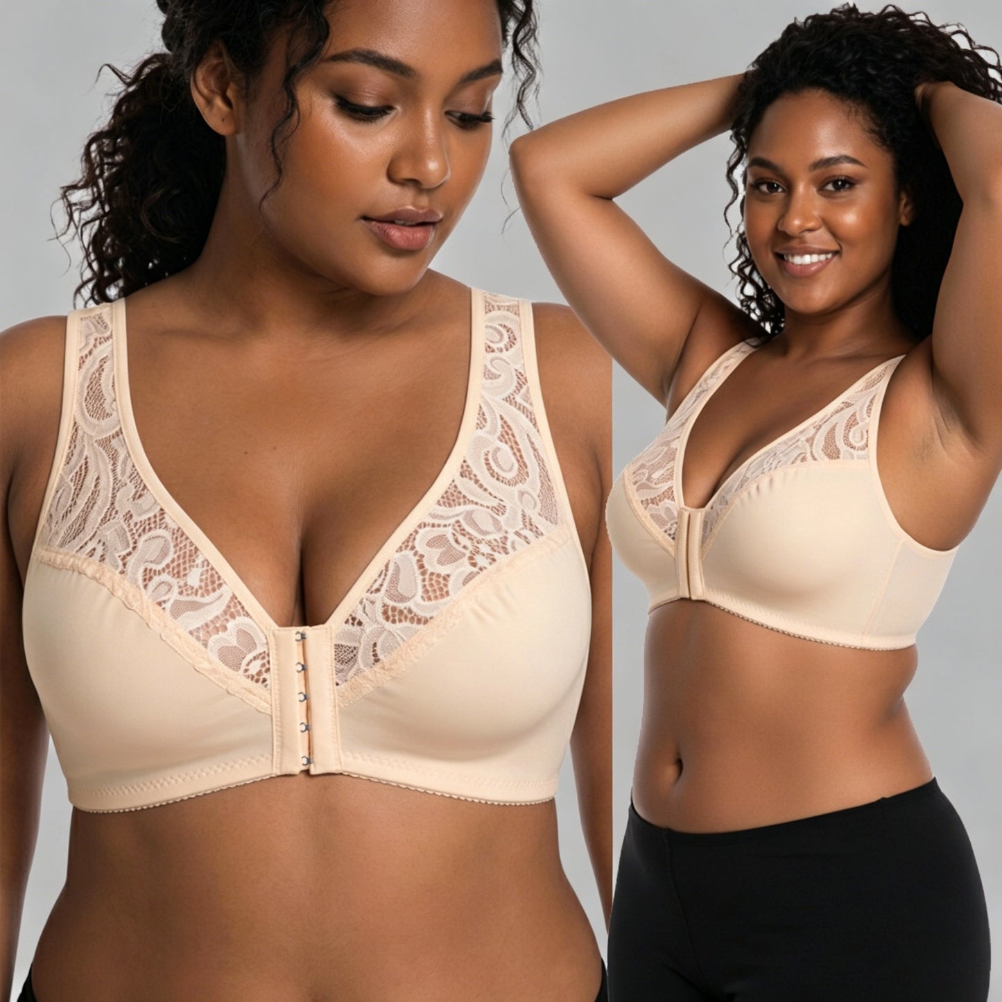 💖Precio más bajo de la historia【Conjunto de 3 piezas】【L-4XL】😍🩲Sujetador push-up de tallas grandes, hermoso encaje, diseño push-up y calado, cierre frontal