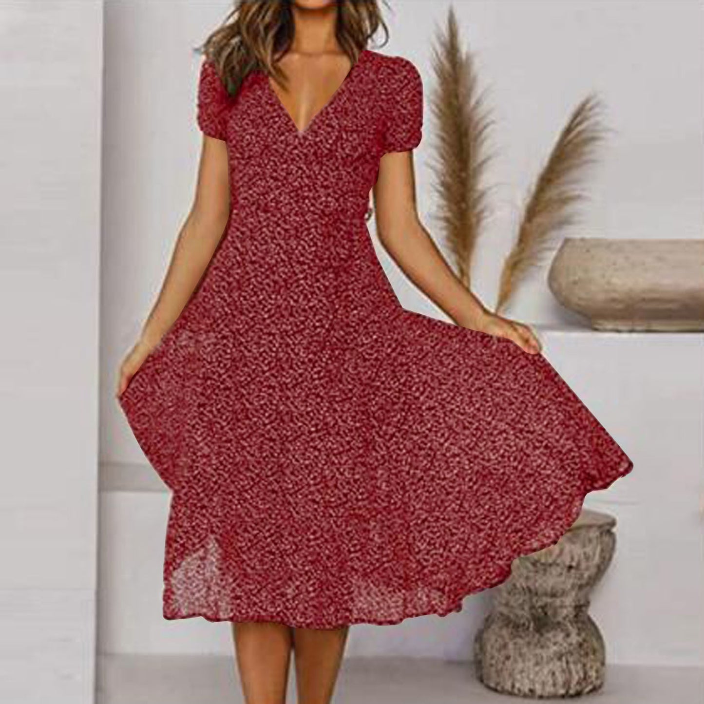 🌸Rochie florală cu mâneci scurte, cu decolteu în V, primăvară vară 2025