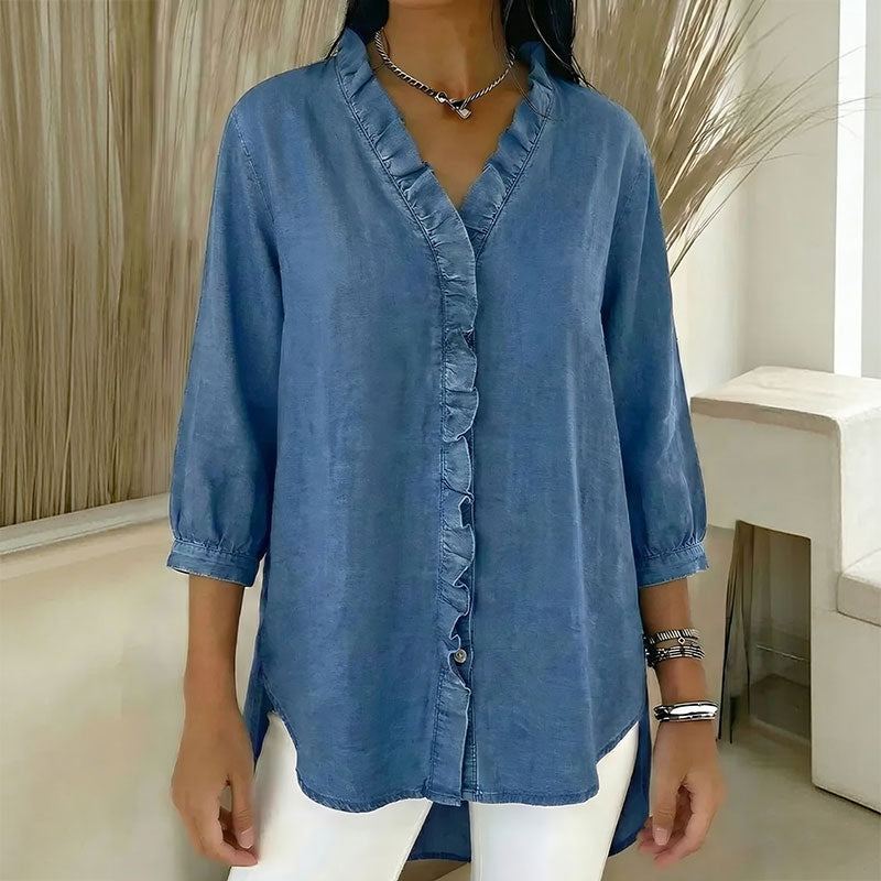 🔥Camisa vaquera informal para mujer (40-100 kg), cuello en V con volantes - Compra una y llévate la segunda a mitad de precio.