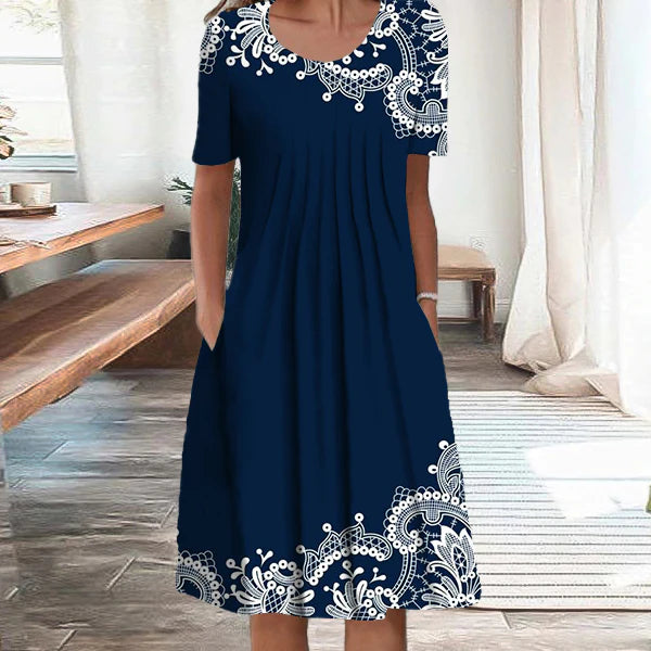 【50% de descuento】【Tallas S-5XL】🌺🌺 Vestido moderno con escote redondo y estampado.