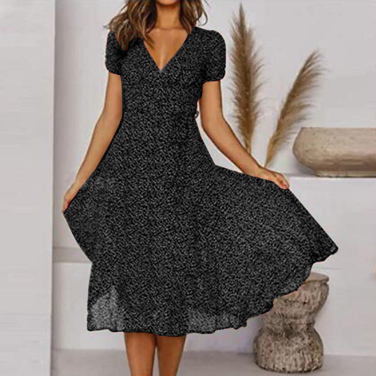 🌸Rochie florală cu mâneci scurte, cu decolteu în V, primăvară vară 2025
