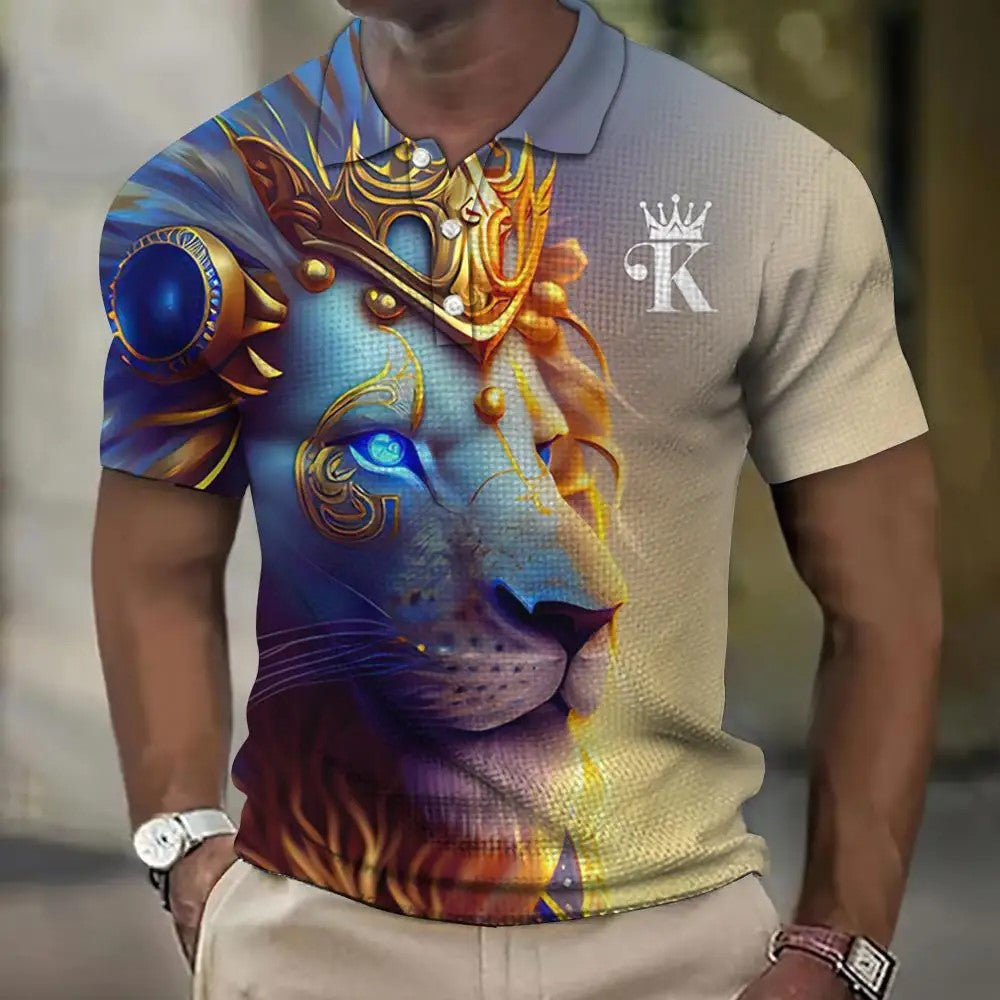 🔥Tricou polo bărbați cu imprimare 3d cu leu