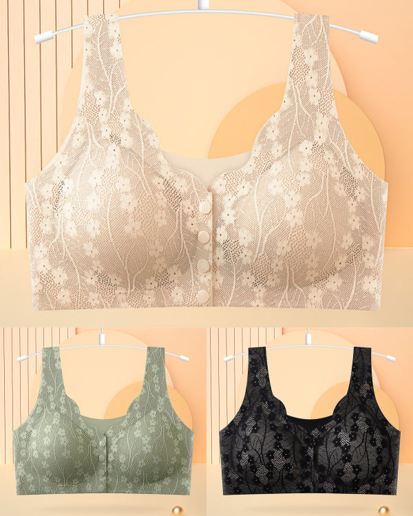 😍【Pachet de 3 bucăți】【40–100KG】Sutien din dantelă pentru femei, fără sârmă, cu închidere frontală