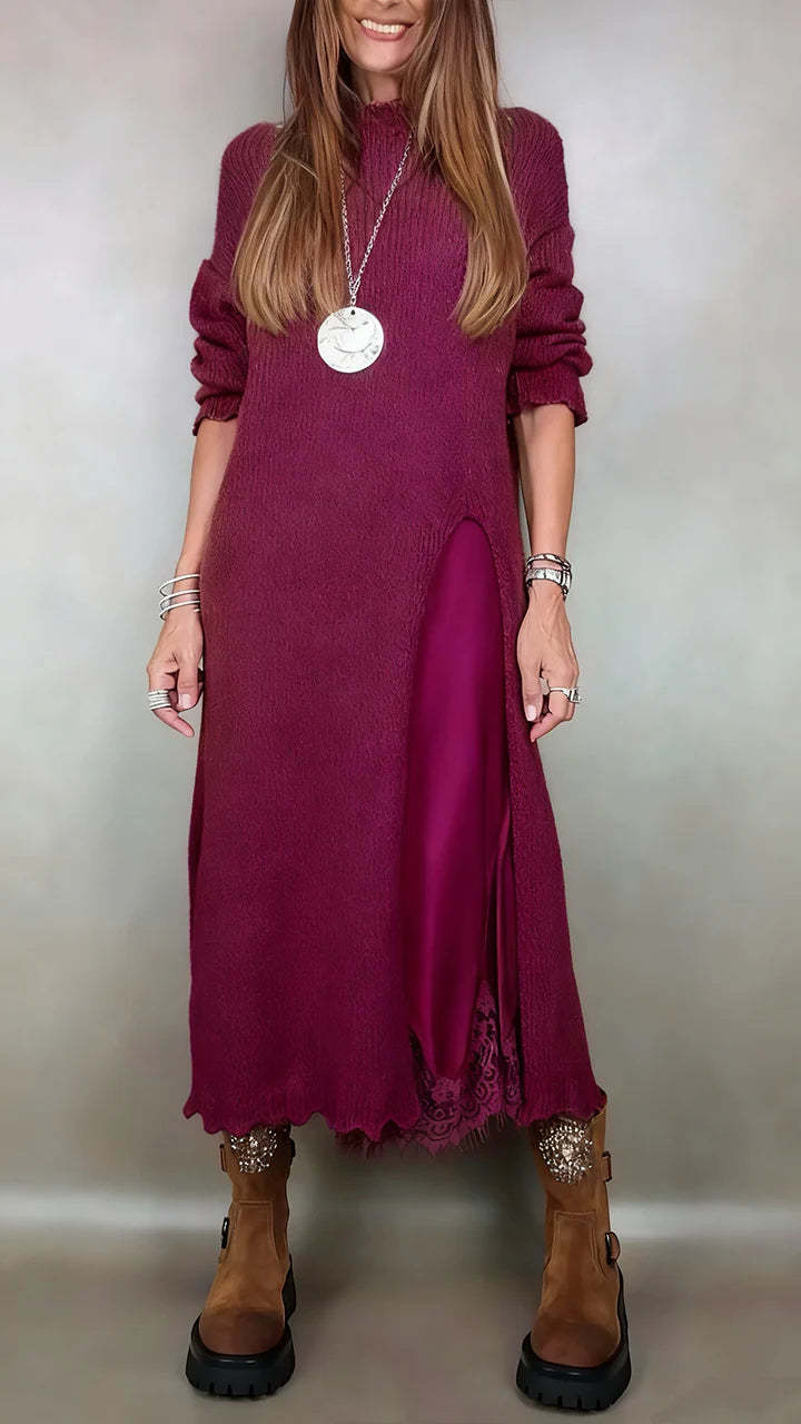 [XS-3XL] Nowa zimowa dzianinowa sukienka, długie rozcięcie z boku, stylowy i elegancki komplet dwuczęściowy.