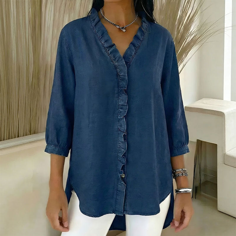 🔥Camisa vaquera informal para mujer (40-100 kg), cuello en V con volantes - Compra una y llévate la segunda a mitad de precio.