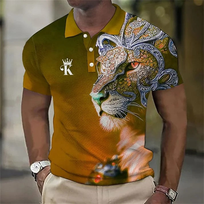 🔥Tricou polo bărbați cu imprimare 3d cu leu