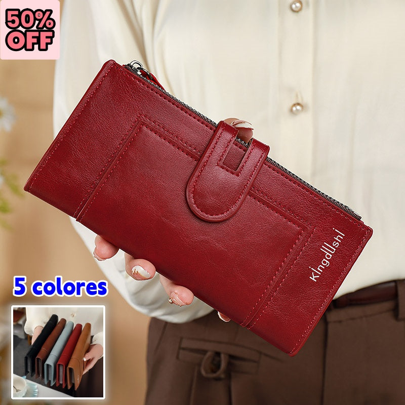 Cartera retro de cuero genuino, estilo nuevo 2026, con doble cremallera y múltiples ranuras para tarjetas.