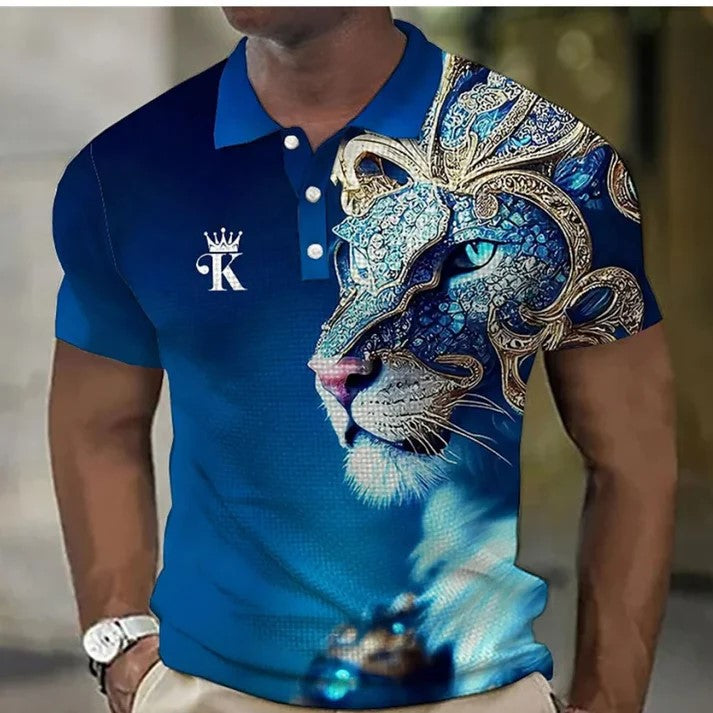🔥Tricou polo bărbați cu imprimare 3d cu leu