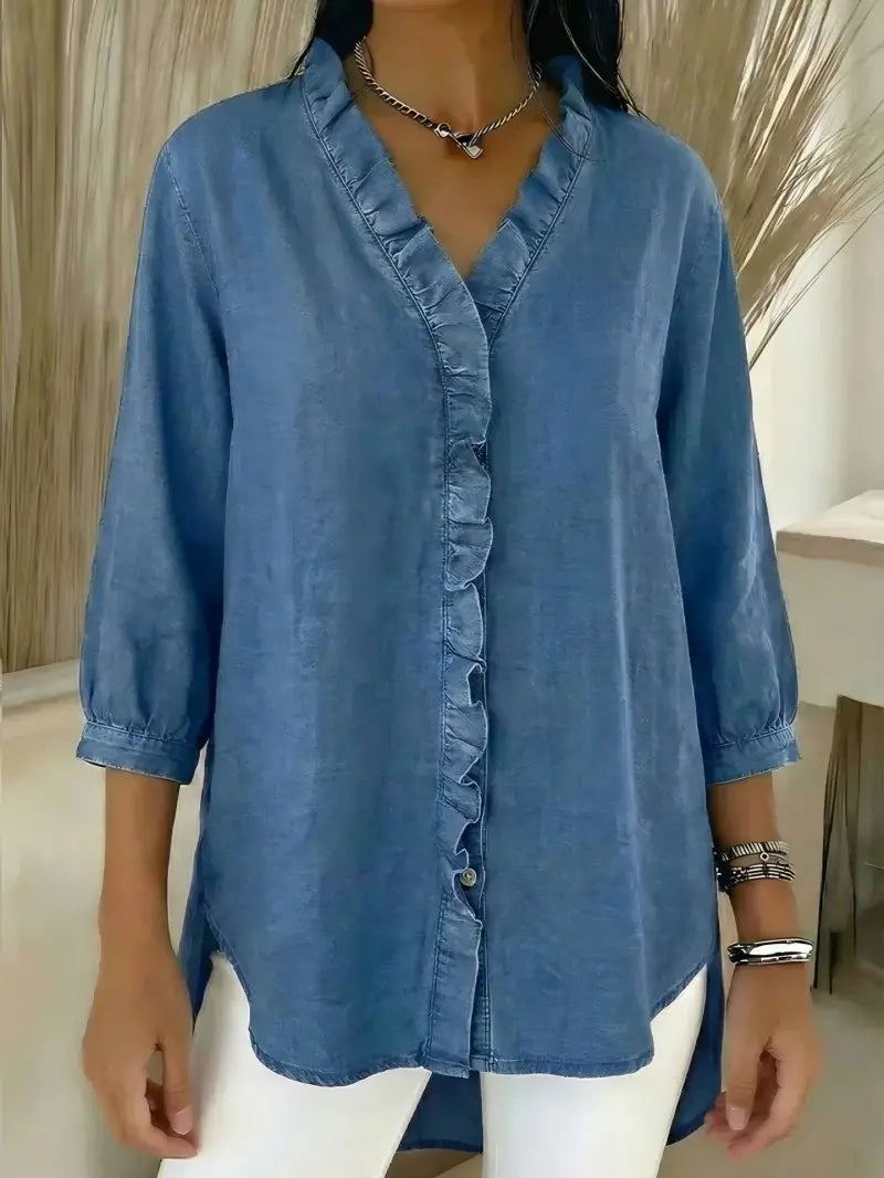 🔥Camisa vaquera informal para mujer (40-100 kg), cuello en V con volantes - Compra una y llévate la segunda a mitad de precio.