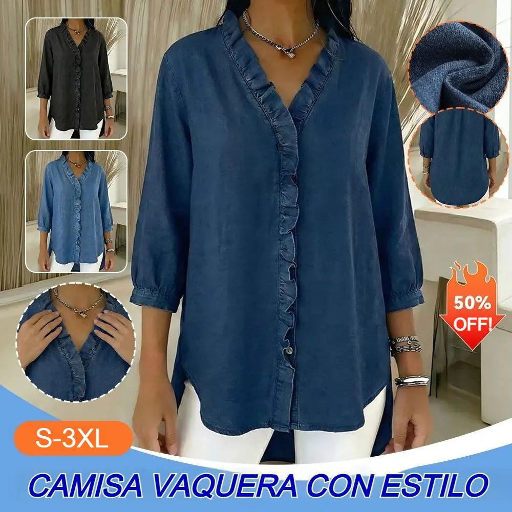 🔥Camisa vaquera informal para mujer (40-100 kg), cuello en V con volantes - Compra una y llévate la segunda a mitad de precio.