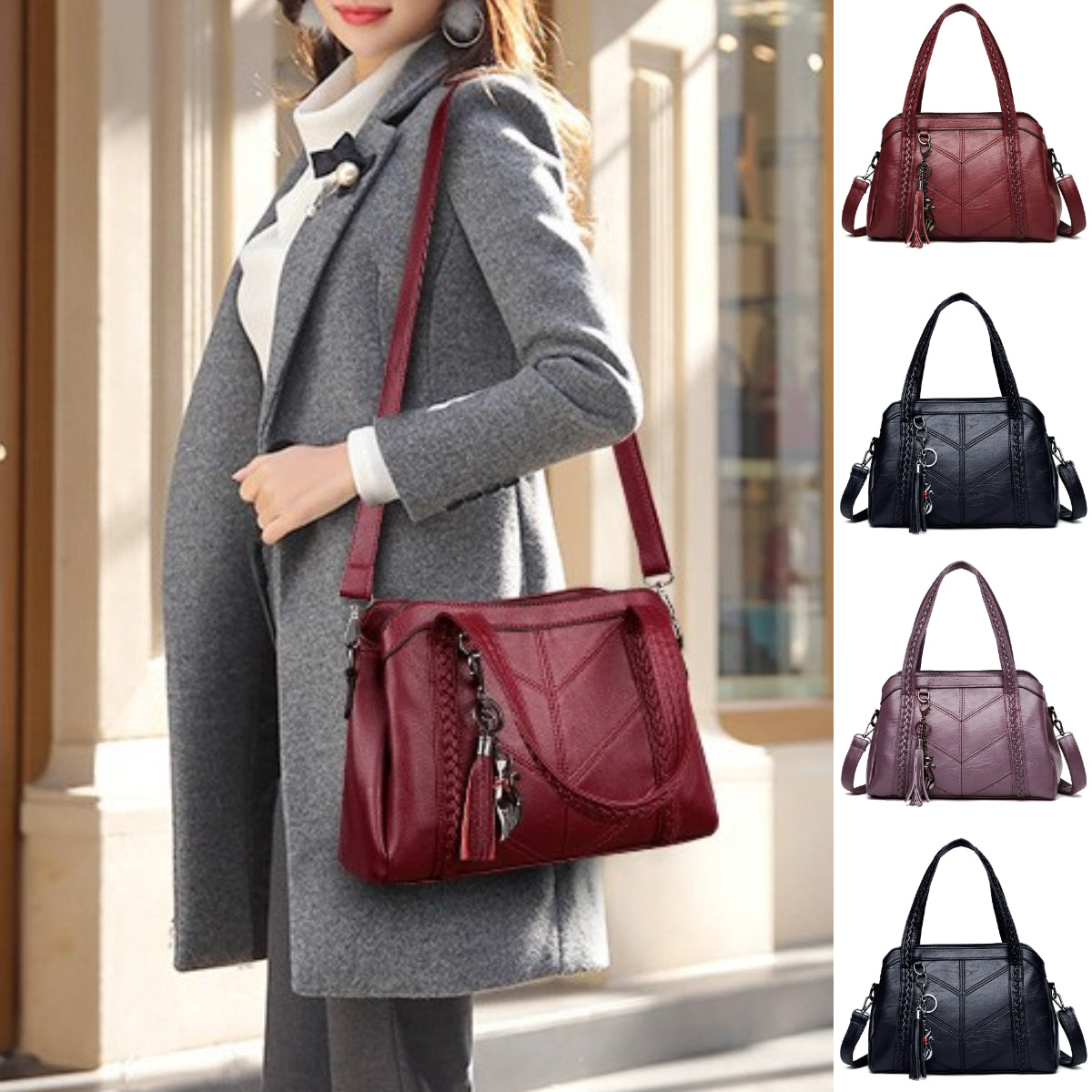 👜💟Puha bőr táska, kézitáska, nagy kapacitású, három rekesszel, vízálló és karcálló