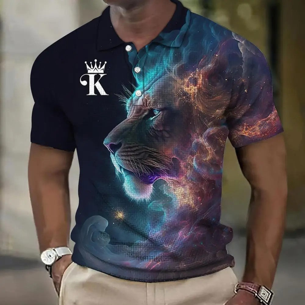 🔥Tricou polo bărbați cu imprimare 3d cu leu