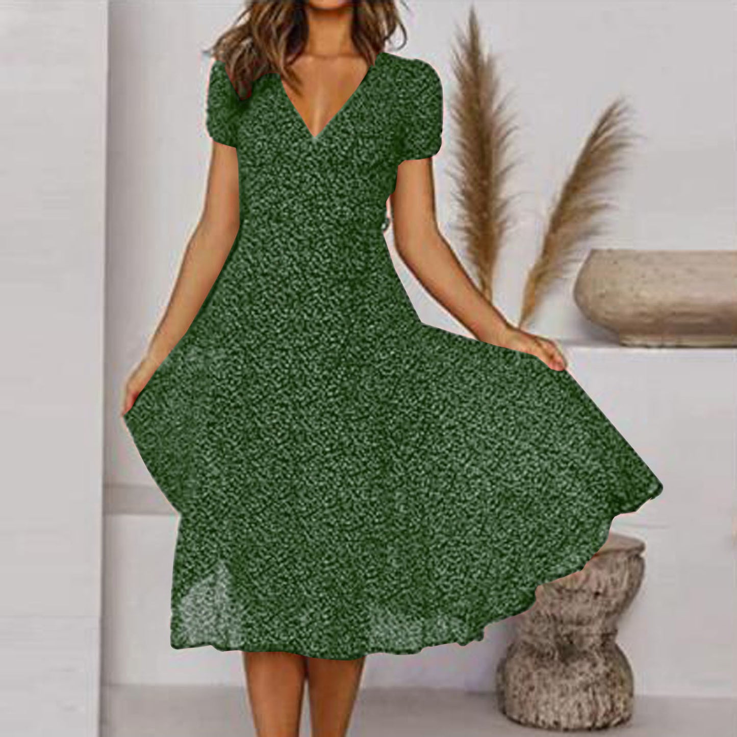 🌸Rochie florală cu mâneci scurte, cu decolteu în V, primăvară vară 2025