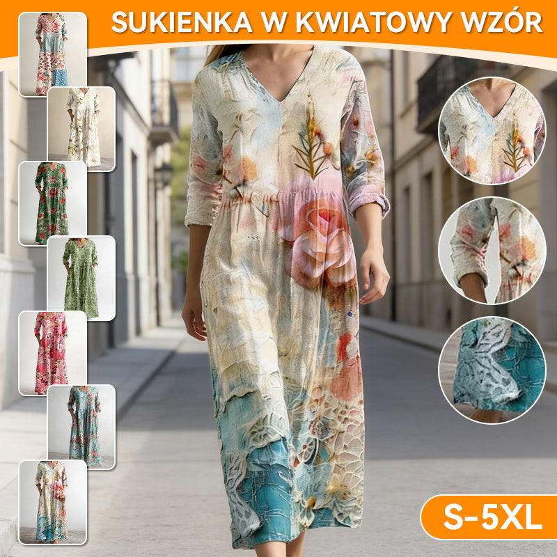 Nowość – 50% zniżki: Luźna, stylowa, ekskluzywna sukienka z nadrukiem i dekoltem w serek (rozmiary S–5XL)
