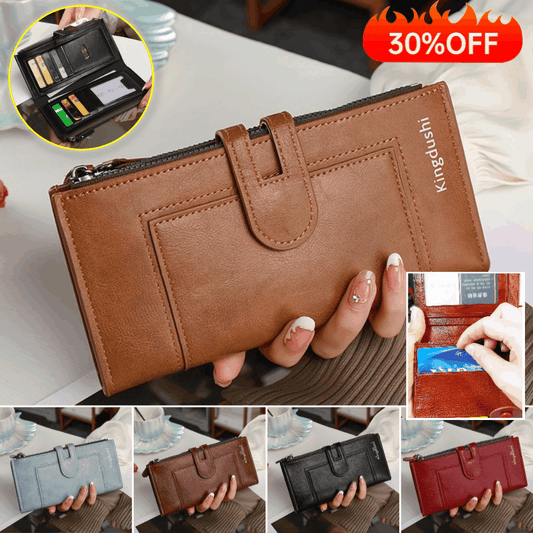 Cartera retro de cuero genuino, estilo nuevo 2026, con doble cremallera y múltiples ranuras para tarjetas.