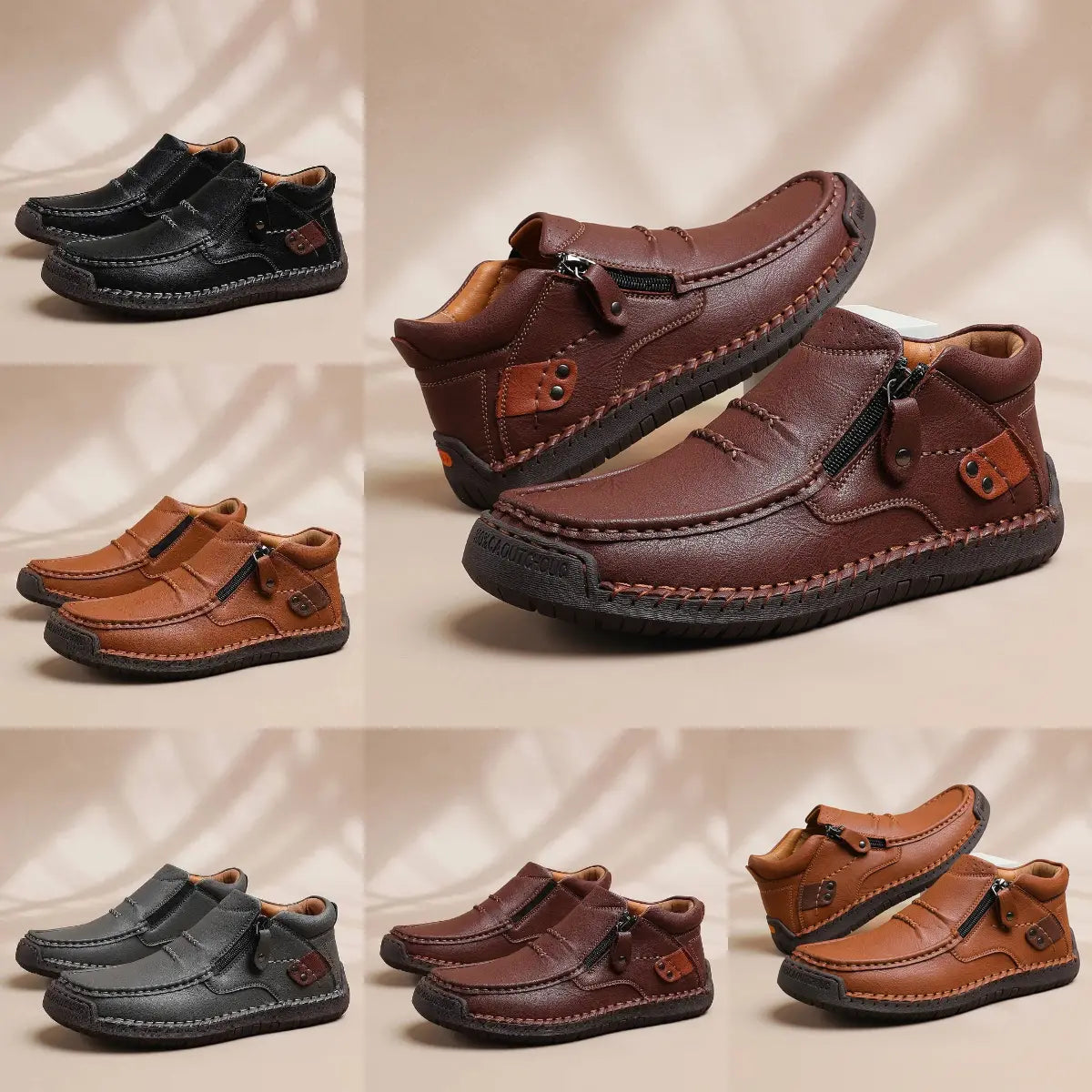【50% OFF🔥】38–48Férfi prémium bőr outdoor cipő – kézzel varrott, bebújós fazon, magas szár
