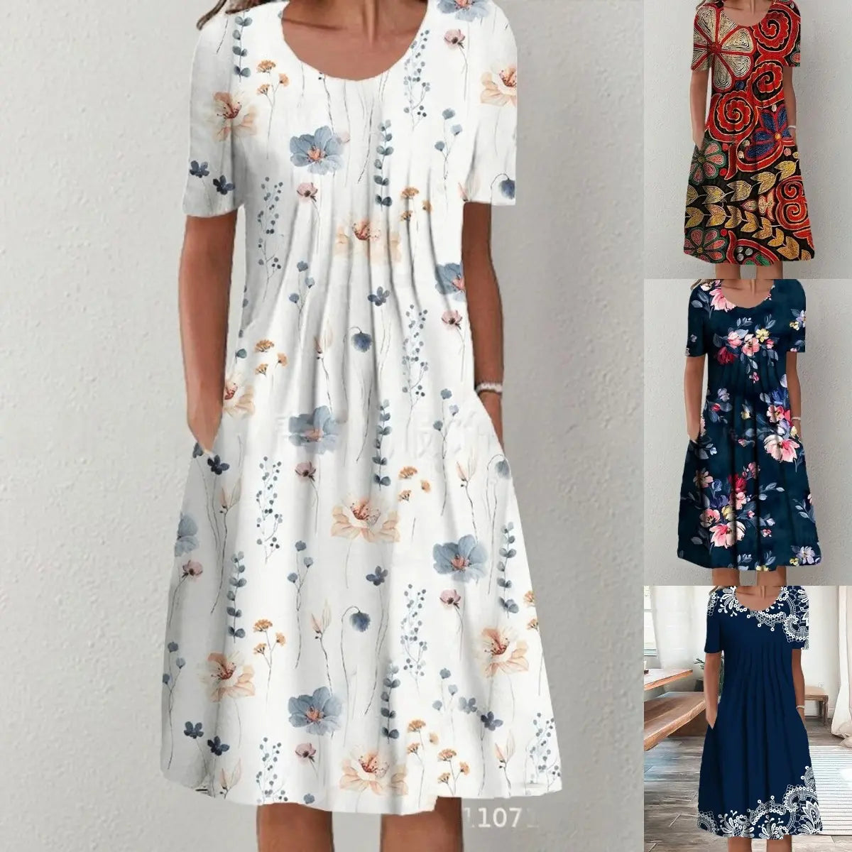 【50% de descuento】【Tallas S-5XL】🌺🌺 Vestido moderno con escote redondo y estampado.