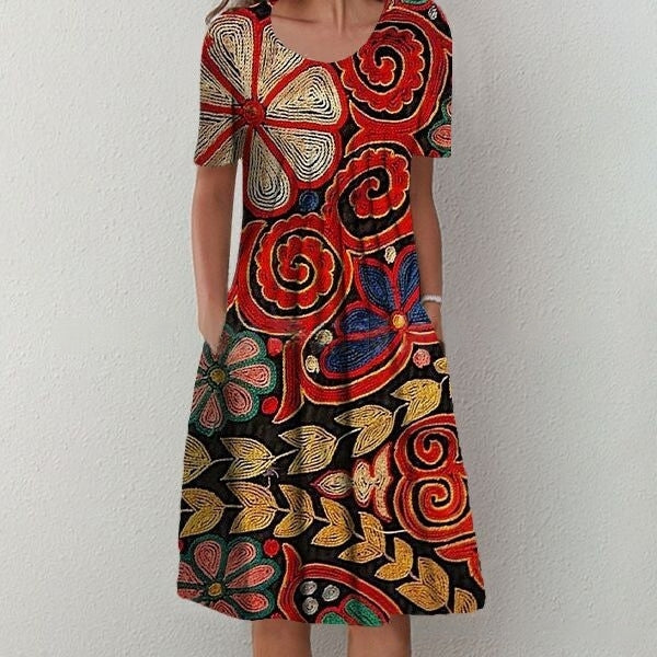 【50% de descuento】【Tallas S-5XL】🌺🌺 Vestido moderno con escote redondo y estampado.