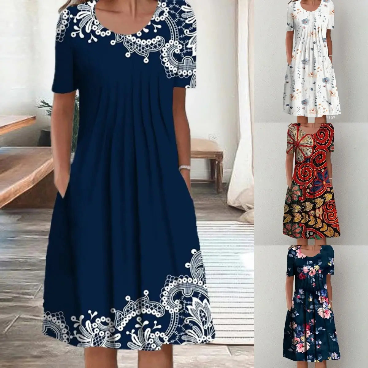 【50% de descuento】【Tallas S-5XL】🌺🌺 Vestido moderno con escote redondo y estampado.