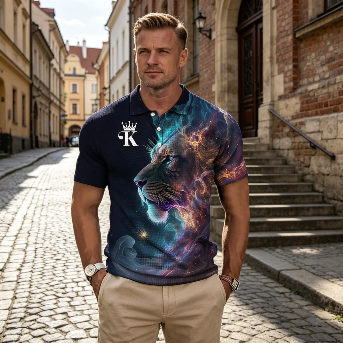 【S-6XL】Męska koszulka polo z nadrukiem 3D z lwem