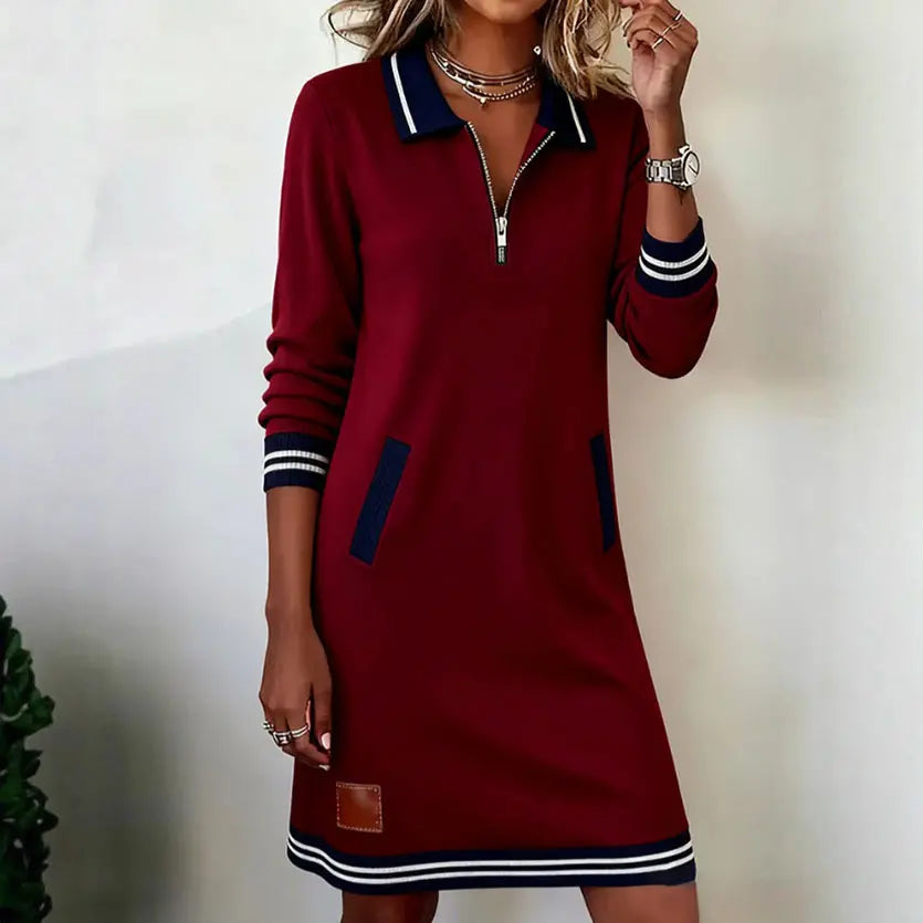 🔥🔥【S-3XL】【40-100kg】Nuevo vestido informal de otoño, cuello, manga larga y bolsillo en bloque de color