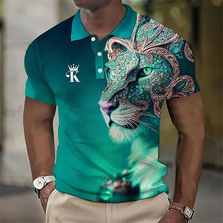 🔥Tricou polo bărbați cu imprimare 3d cu leu