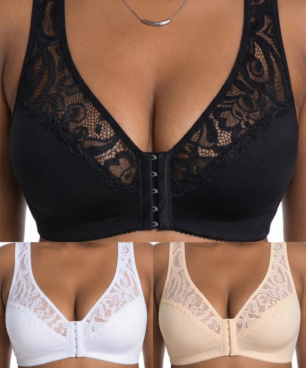 💖Precio más bajo de la historia【Conjunto de 3 piezas】【L-4XL】😍🩲Sujetador push-up de tallas grandes, hermoso encaje, diseño push-up y calado, cierre frontal