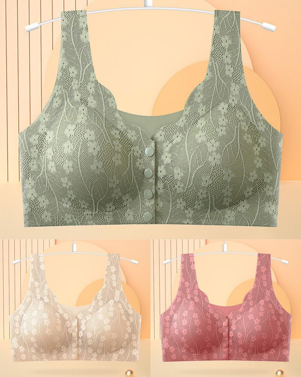 😍【Pachet de 3 bucăți】【40–100KG】Sutien din dantelă pentru femei, fără sârmă, cu închidere frontală