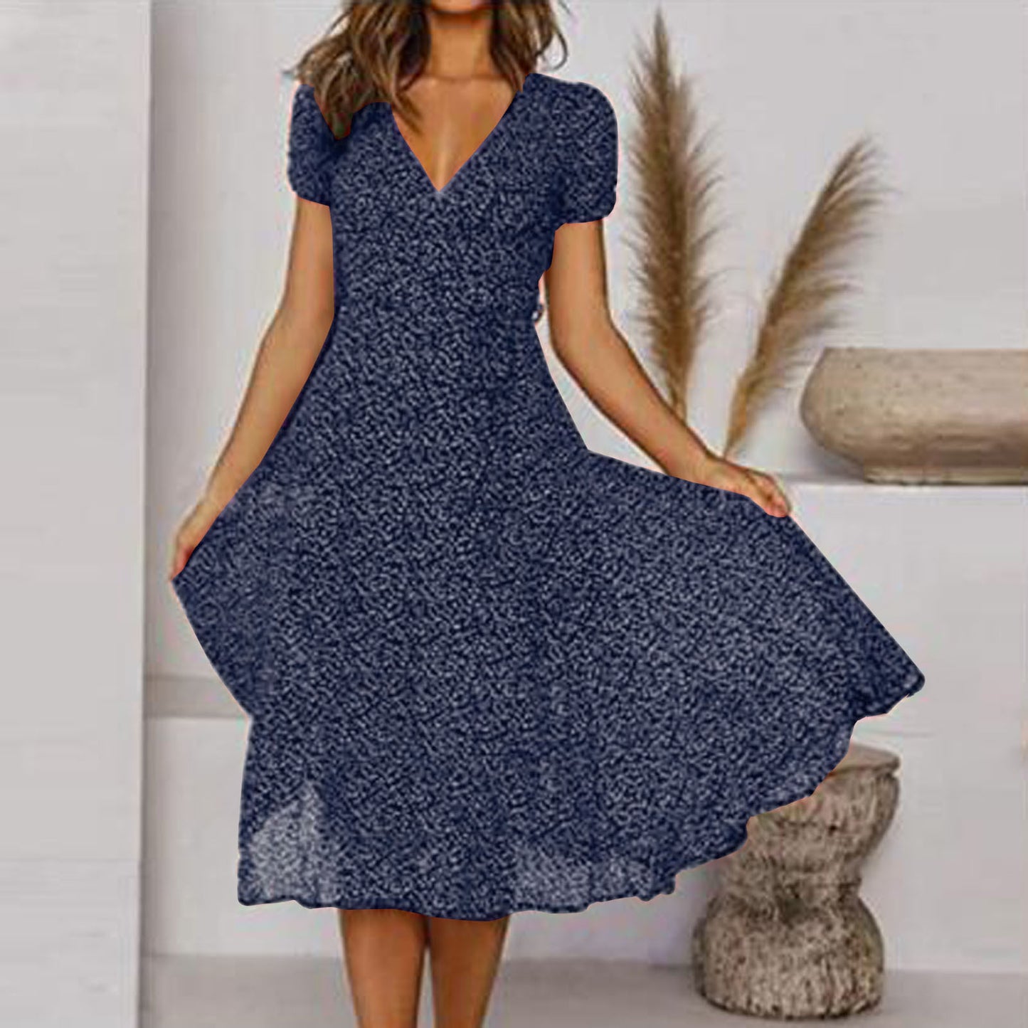 🌸Rochie florală cu mâneci scurte, cu decolteu în V, primăvară vară 2025