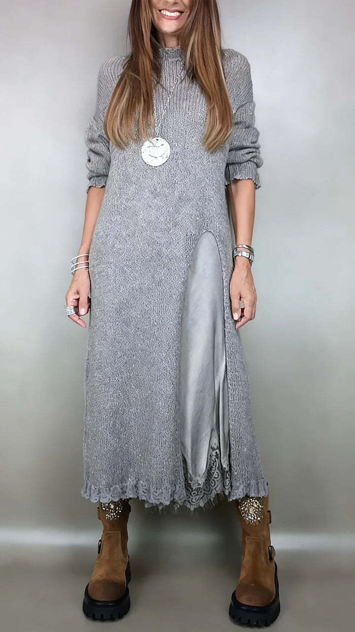 [XS-3XL] Nowa zimowa dzianinowa sukienka, długie rozcięcie z boku, stylowy i elegancki komplet dwuczęściowy.