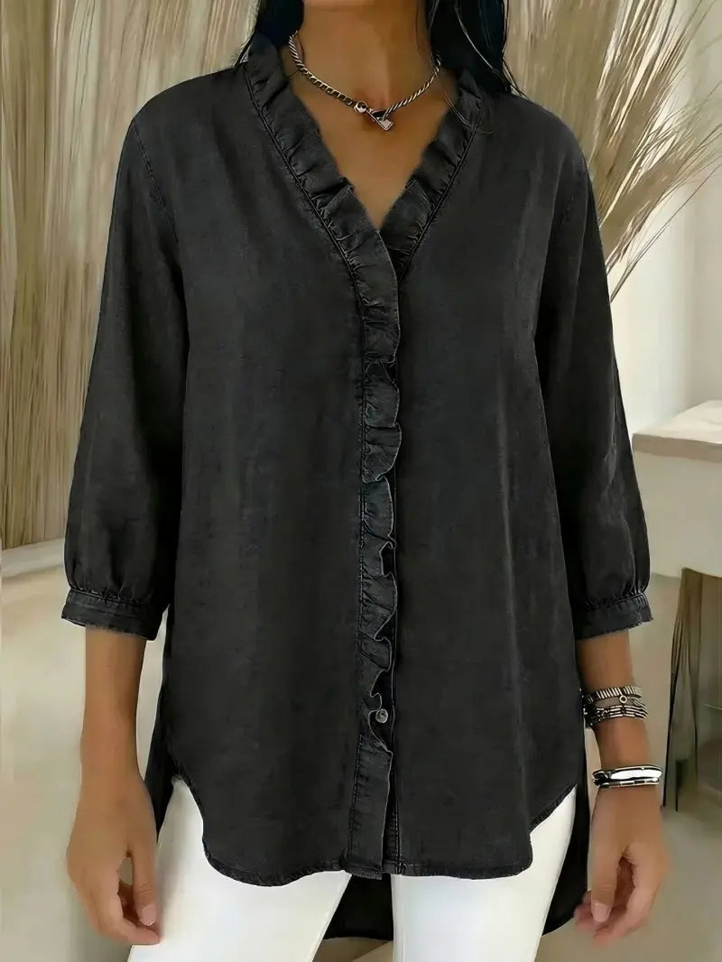 🔥Camisa vaquera informal para mujer (40-100 kg), cuello en V con volantes - Compra una y llévate la segunda a mitad de precio.