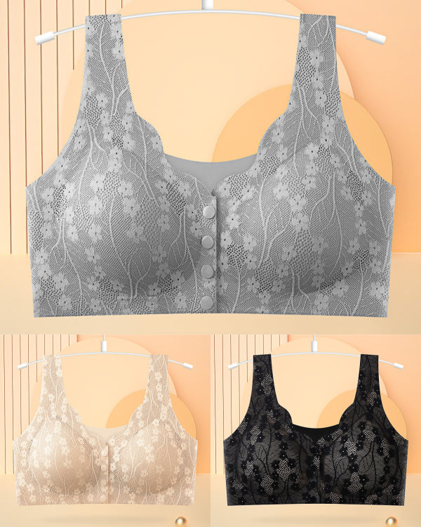 😍【Pachet de 3 bucăți】【40–100KG】Sutien din dantelă pentru femei, fără sârmă, cu închidere frontală