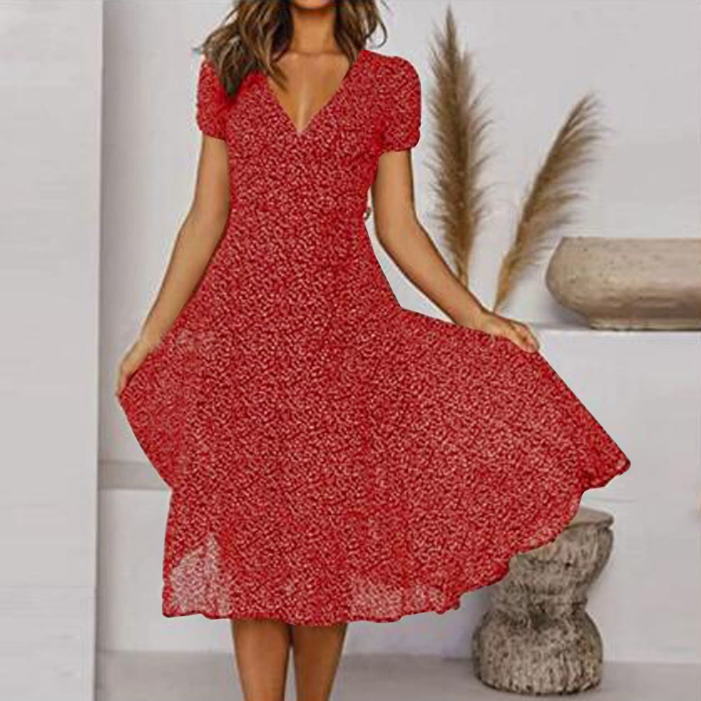 🌸Rochie florală cu mâneci scurte, cu decolteu în V, primăvară vară 2025