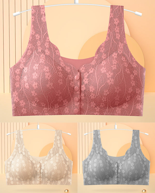 😍【Pachet de 3 bucăți】【40–100KG】Sutien din dantelă pentru femei, fără sârmă, cu închidere frontală