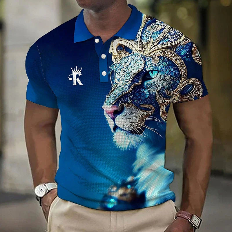 🔥Tricou polo bărbați cu imprimare 3d cu leu