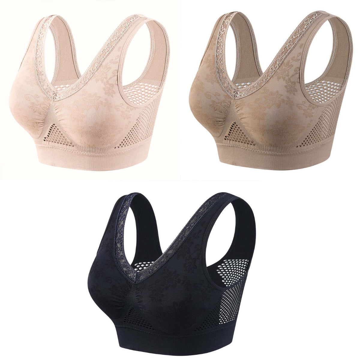 😍❤️40-120 kg【Pack de 3】✨ Sujetador de encaje sin aros con alto soporte para mujer
